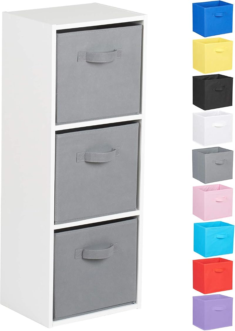 Hartleys White 3 Tier Cube Unit with 3 Fabric Storage Boxes