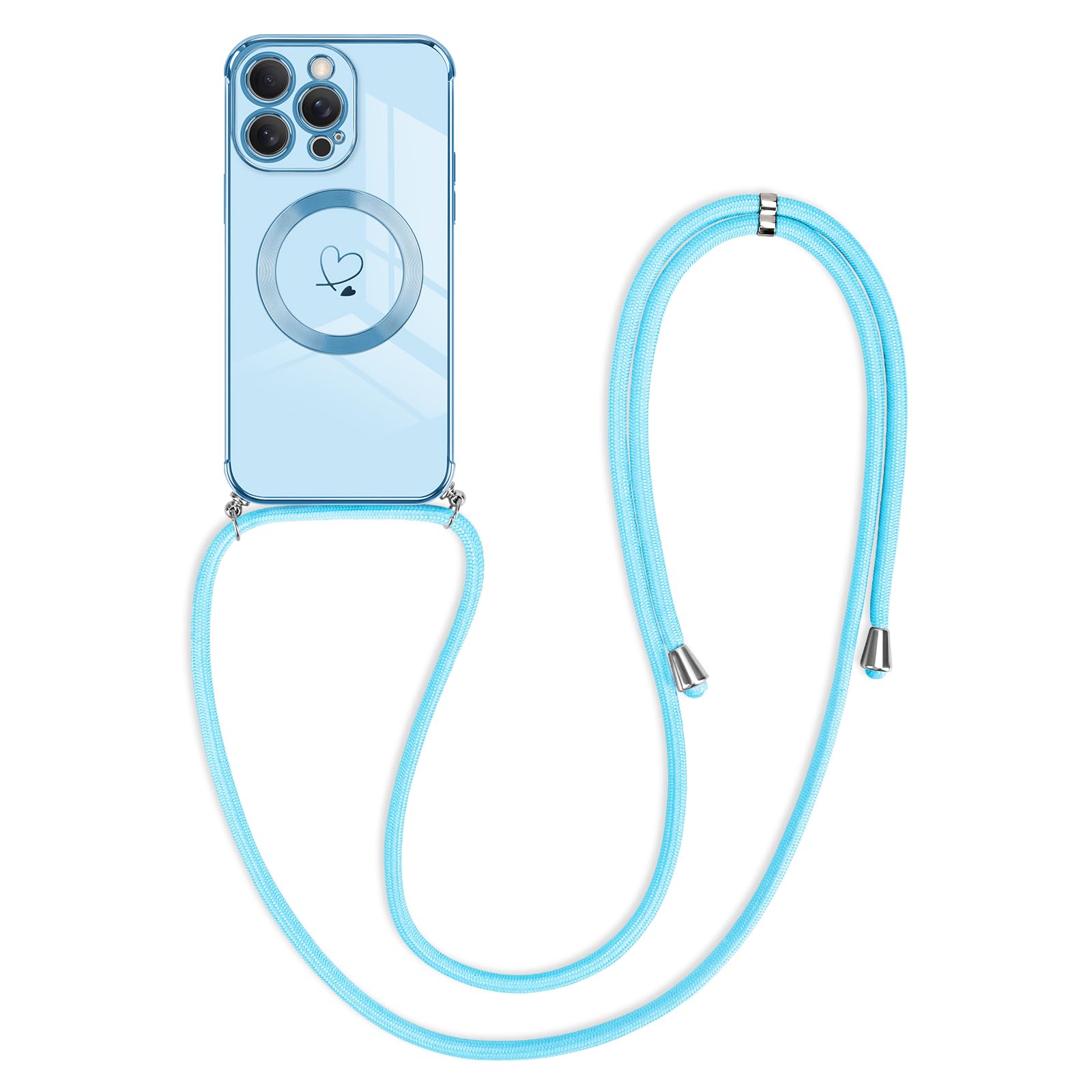 Newseego Crossbody Lanyard Case for iPhone 15 Pro Max [Compatible for MagSafe], Cute Heart Flexible Silicone Protective Phone Case with Adjustable Strap Necklace Bumper Cover iPhone 15 Pro Max-Blue