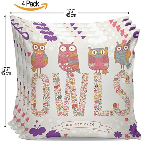 Serra Home 4-Pack Decorative Multicolored White Owls Shapes We Are Cute, 18" x 18" Throw Pillow Covers Set Turkish New Design Linen Square Made in Turkey Patterned Cases Couch Cushion for Sofa Bedroom