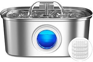 RELLATY Cat Water Fountain Stainless Steel: 108oz/3.2L Cat Fountain for Drinking with Filter - Pet Water Fountains for Cats Inside - Automatic Cat Feeding & Watering Supplies - Water Level Window