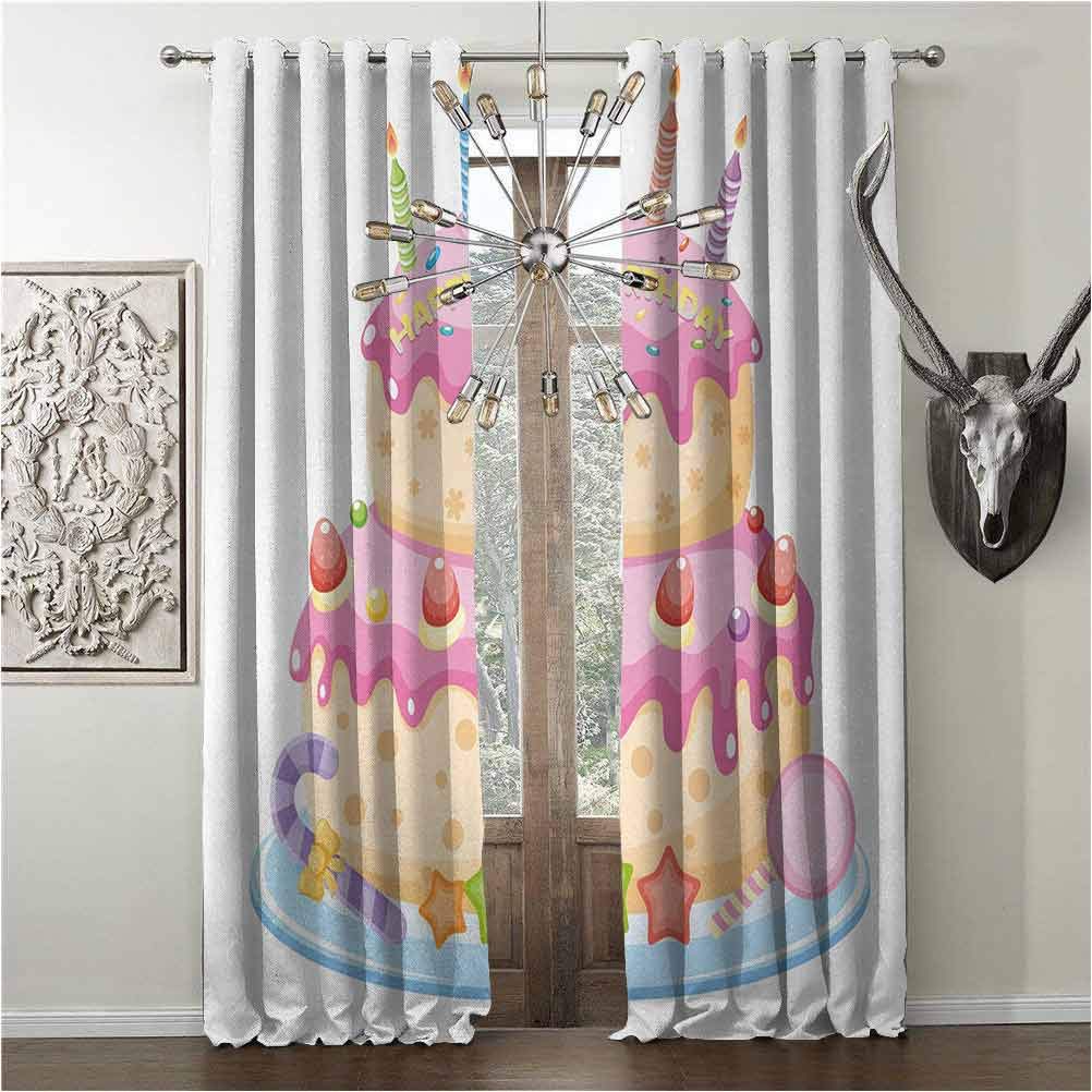 hengshu Colorful Blackout Curtains, Kids Birthday, Noise reducing Curtain, Pastel Colored Birthday Party Cake with Candles and Candies Celebration Image, W96 x L96 Inch Light Pink, Grommets Sunshade
