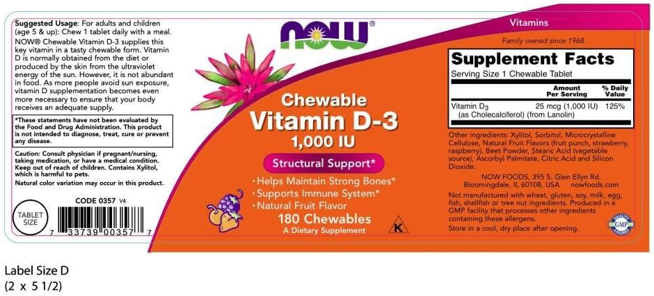 NOW Supplements, Vitamin D-3 1,000 IU, Natural Fruit Flavor, Structural Support*, 180 Chewables: Health & Personal Care