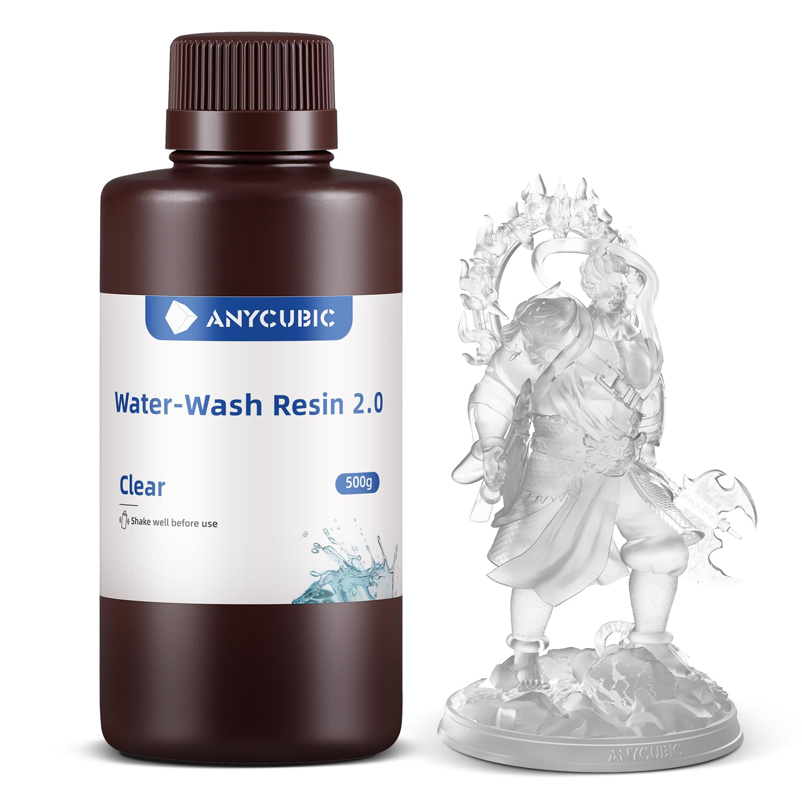 ANYCUBIC Water Washable 3D Printer Resin 2.0 with Easy Post-Processing, High Precision and High Resilience, Low Odor and Anti-Yellowing 3D Resin for LCD/DLP Printers(Clear,500g)