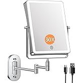 FASCINATE 5000mAh Rechargeable Wall Mounted Makeup Mirror, 8.7" Double Sided Touch Switch 1X/30X Rectangle Wall Mounted Magnifying Mirror with Light, 3 Color Setting, Extended Arm 360° Swivel Foldable