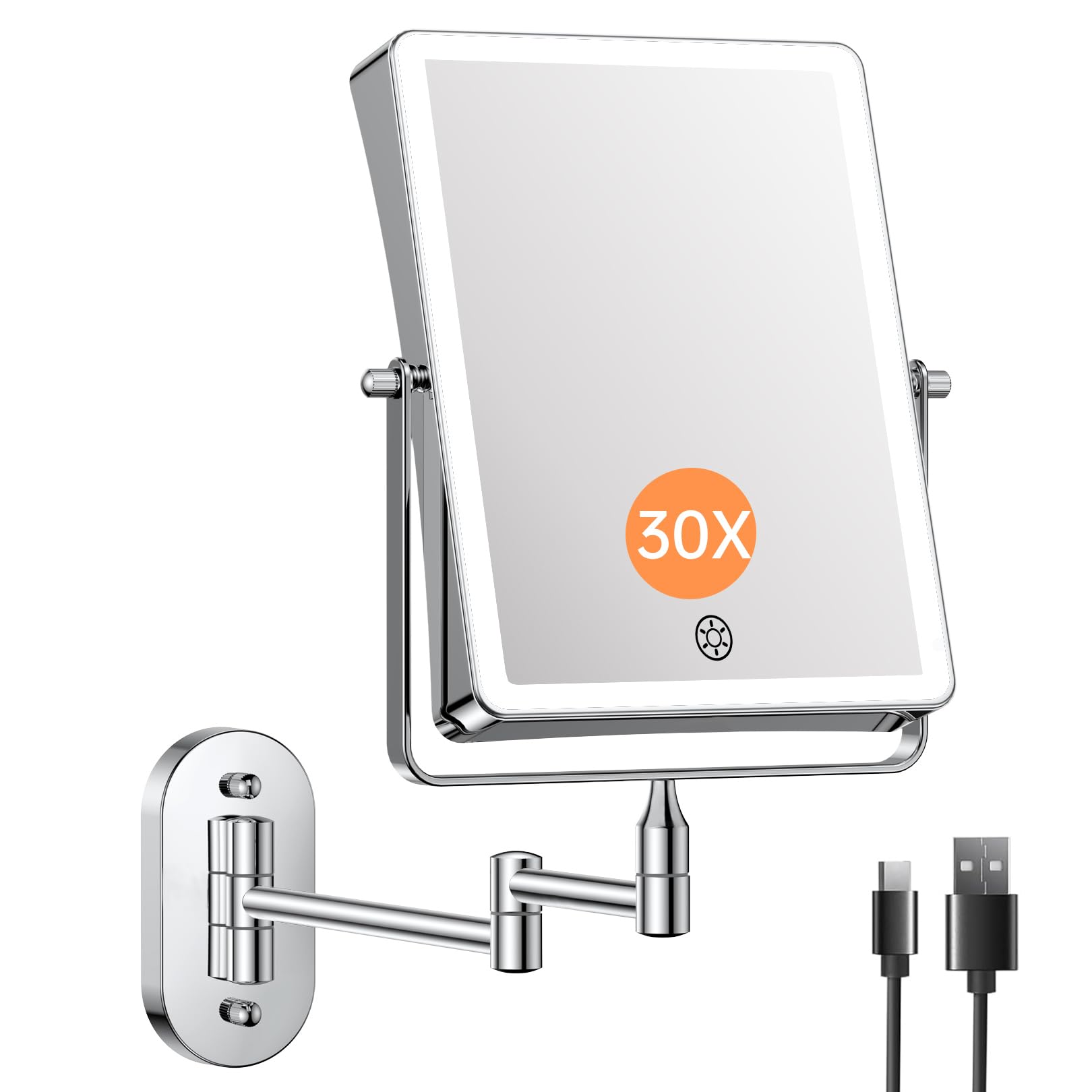 8.7 Inch Large Size Rechargeable Wall Mounted Makeup Mirror, Bathroom Lighted Mirror Rectangle Double Sided 1X 30X Magnifying, 3 Color Lighting, Extended Arm 360° Swivel Foldable Light Up, 5000mAh