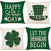 YCOLL St Patricks Day Decorations Throw Pillow Covers 20x20 Set of 4 Scottish Tartan Plaid St Patricks Day Hat Farmhouse Classic Decorative Square Cushion Cases for Sofa Couch