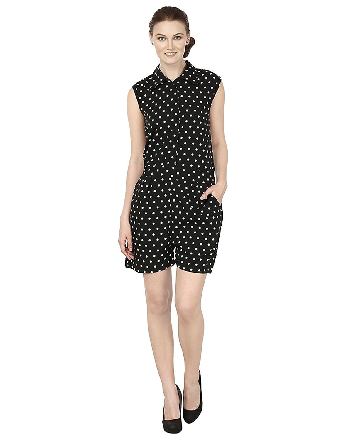 my swag women dots printed collared sleeveless jumpsuit