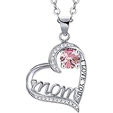 UEUC I LOVE YOU Mom Birth Stones Necklace, Silver Love Heart Pendant Necklace for Mom, Necklace Gift for Mother with 18''+2'' Chain