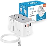 Ceptics GAN 70W Universal Travel Adapter with 65cm Retractable USB-C Cable, 2X USB-A (1x QC 3.0), 1x Type C Port (PD 70W), Universal Power Adapter with Type A, C, G, I Output