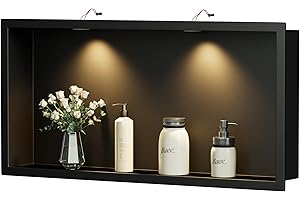Qeke Stainless Steel Shower Niche 24" X 12", No Tile Needed Wall Niche with Non-Dimmable Led Downlight, Recessed Niche Shower for Bathroom Storage, Over Mount Installation, Matte Black
