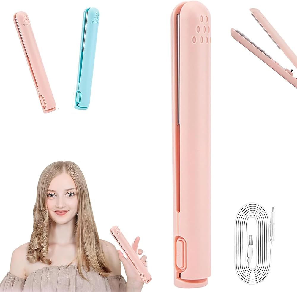 Lonnalee Mini Curling Iron 2-in-1 Straightener Portable USB Pink Ceramic Hair
