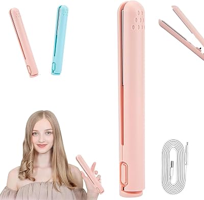 Lonnalee Mini Curling Iron 2-in-1 Straightener Portable USB Pink Ceramic Hair