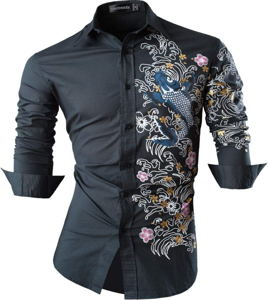Sportrendy Men Casual Slim Dragon Tattoo Long Sleeve Button Down Dress Shirt JZS041