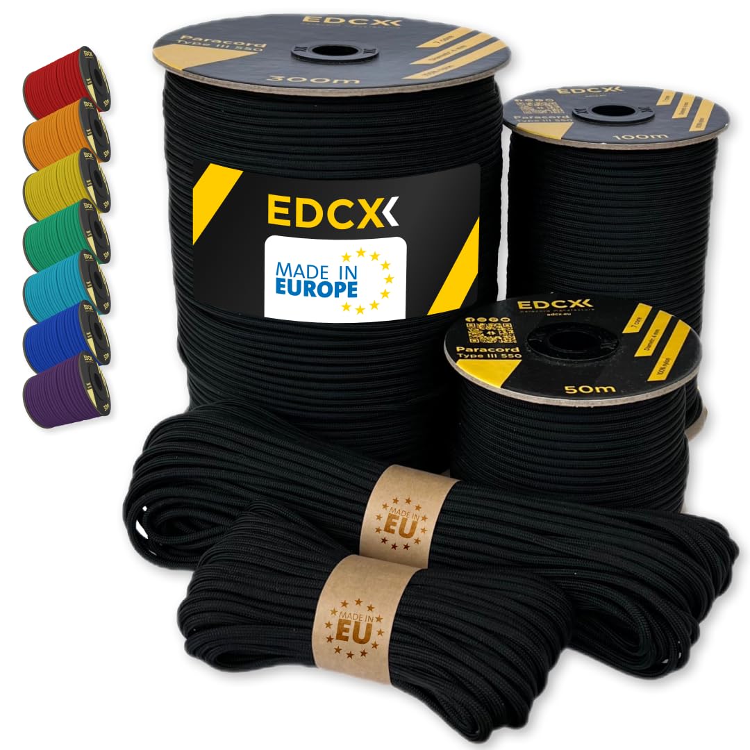 EdcX Paracord 4mm, 35+ Solid Colors (10m, 15m, 30m, 50m, 100m, 300m) | Ideal for Crafting, DIY, Camping, Survival, Outdoor | 100% Nylon Rope 4mm | Tactical Cord 550 Type III (Black, 300 m)