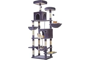 Taoqimiao 76-Inch Cat Tree Cat Tower for Indoor Cats, Plush Multi-Level Cat Condo with 12 Scratching Posts, 2 Perches, 2 Caves, Hammock, 2 Pompoms MS016G Smoky Gray