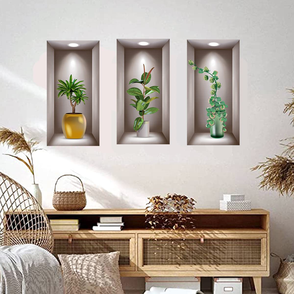 3D Vase Wall Stickers, 3 PCS Art Magic Peel and Stick Green Plants Wall Stickers Removable Vinyl Wall Sticker Decals, Creative Wall Murals for Living Room Bedroom Kitchen Sofa Background Wall Decor
