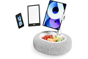 Kindle Pillow Stand – Soft Grey Fuzzy Tablet Holder with Storage Bowl, Hands-Free Lap Stand for Bed, Couch – Compatible with 
