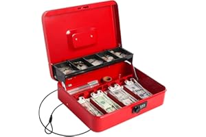 LOVNDI Cash Box with Combination Lock, Money Safe for Cash, Lock Box with Security Cable 11.8 x 9.5 x 3.54 Inches, Red