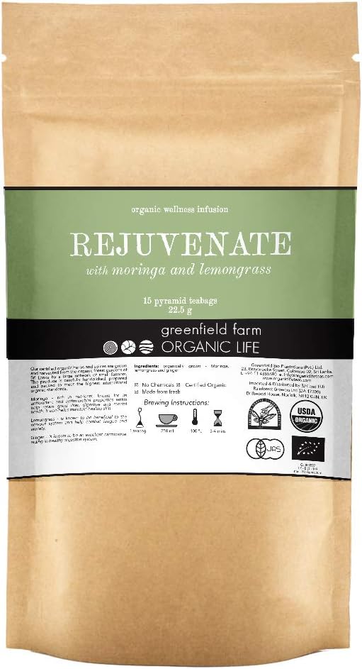 Organic Life REJUVENATE Tea | Moringa, Ginger and Lemongrass| 15 Tea Bags | Blended Using Ayurveda Knowledge | Direct from The Greenfield Farmers