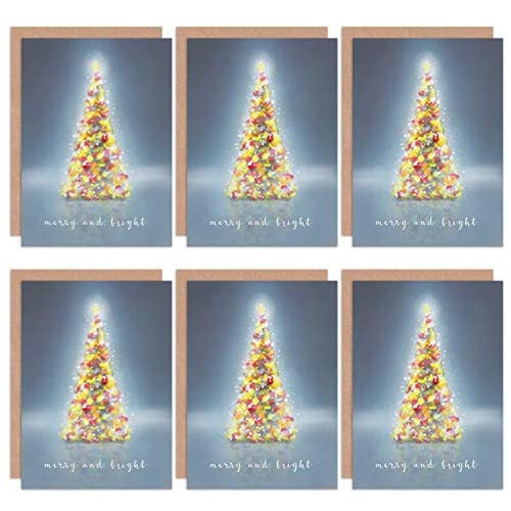 Wee Blue Coo Christmas Cards 6 Pack - Tree Lights Merry Bright Set Xmas Cards