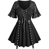 ROSE GAL Women Plus Size Gothic Blouse Skulls Mesh Flocking Flutter Sleeves Lace Up Crinkle Textured Goth Swing Top