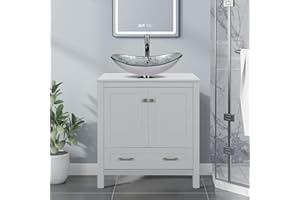 Puluomis Bathroom Vanity, 30 inches Gray Stand Bathroom Cabinet Vanity with 2 Doors and a Drawer, Multifunctional Storage Bathroom Cabinet with Boat Shape Silver Sink Top