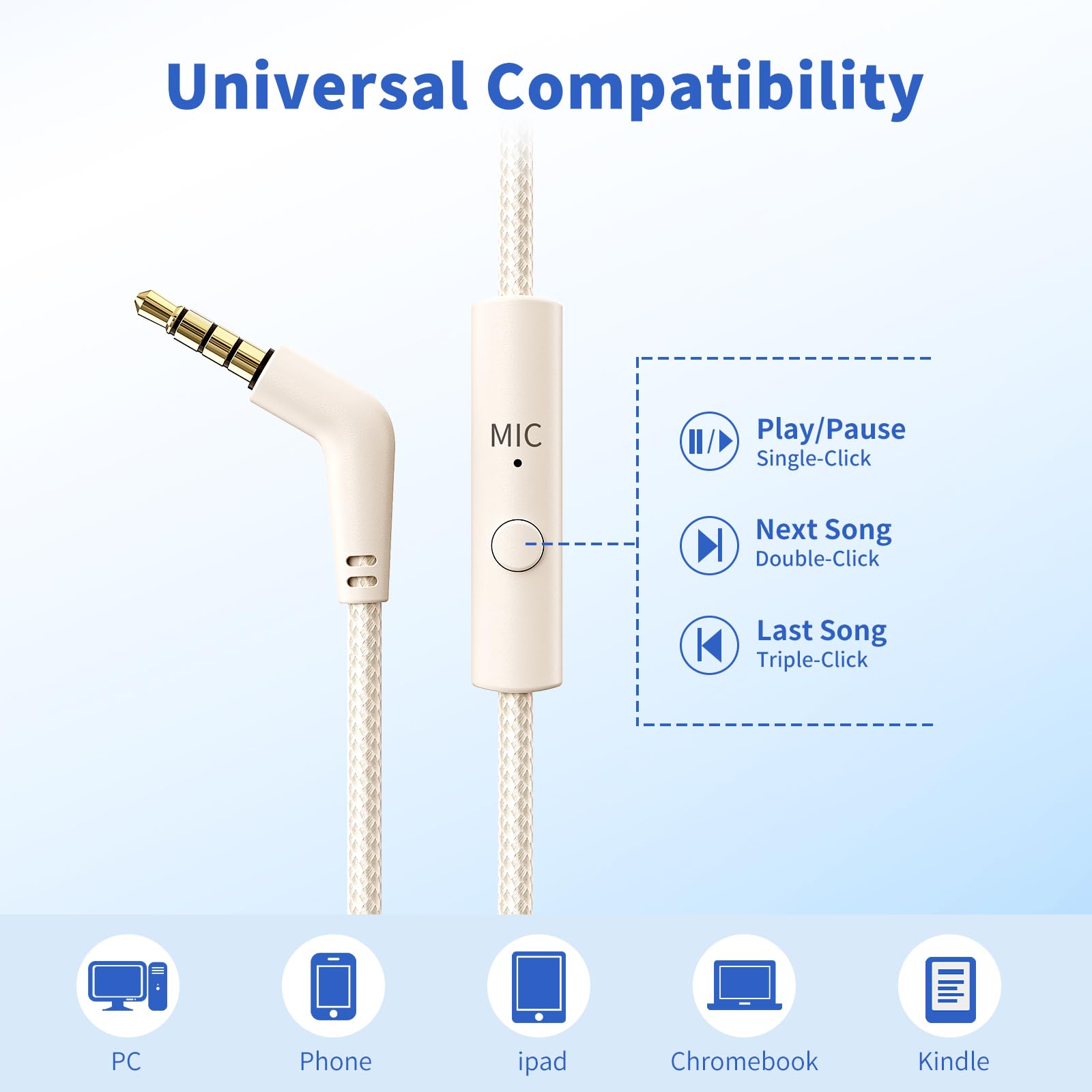 Botesty Sound Headphones Wired with Microphone, Over Ear Foldable 3.5mm Plug in Headphones Corded with 4.9ft Tangle-Free Nylon Cord for Tablet, Laptop, MP3/4, School, Airplane Travel (Beige)