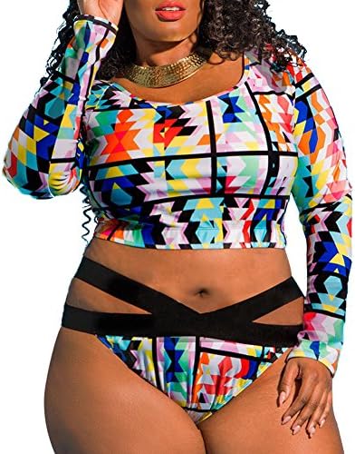 FANGUO Womens Bikini Set Rash Guard Swimwear Print Long Sleeve Beachwear Tankini Plus Size