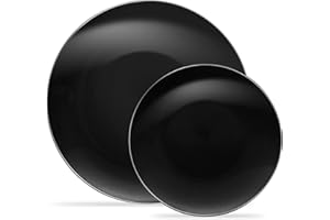 PLASTICPRO 32 Piece Combo Plate Set includes 16-7'' inch Plates & 16-10'' inch Plate Black Plates with Silver Rim Plastic Par