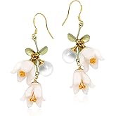 WEWDBY Handmade Lily of the Valley Drop Earrings for Women, 925 Sterling Silver Resin Floral Earrings with Glass Beads Gold Accents, Hypoallergenic Lightweight Jewelry Gifts for Nature Lovers Wedding Anniversary