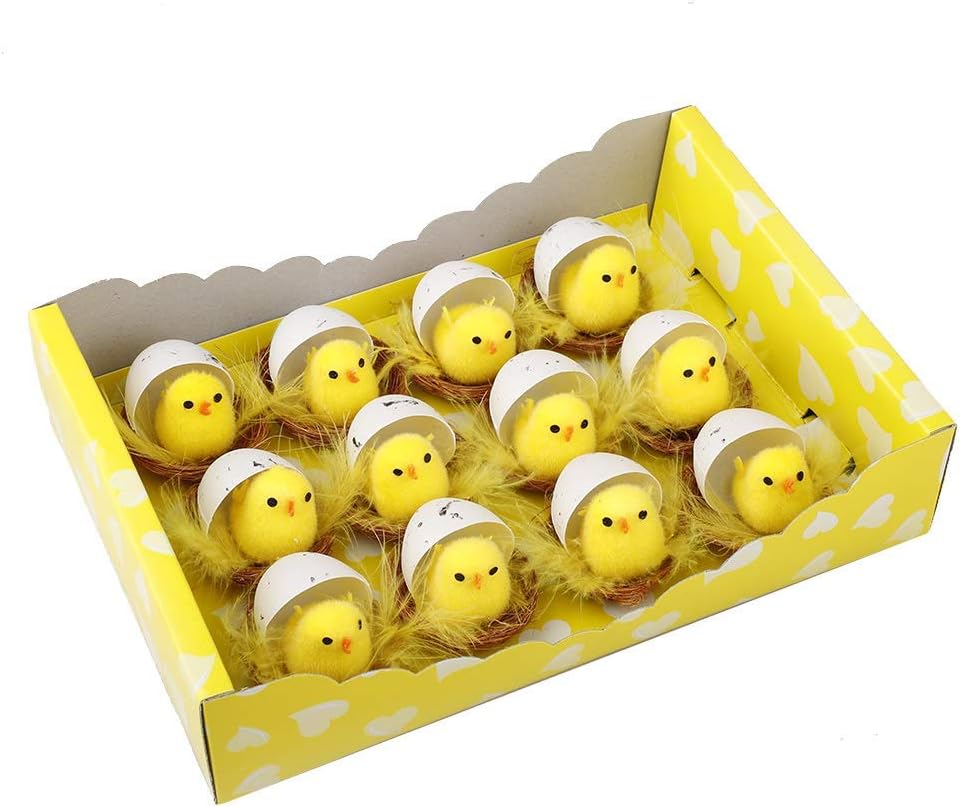 Feitore Easter Chicks, 12 Pack Newborn Chenille Easter Chicks with Egg Shell in Nest Adorable Easter Decorations Little Chicks Toys Party Favors Kids Easter Egg Bonnet Decoration