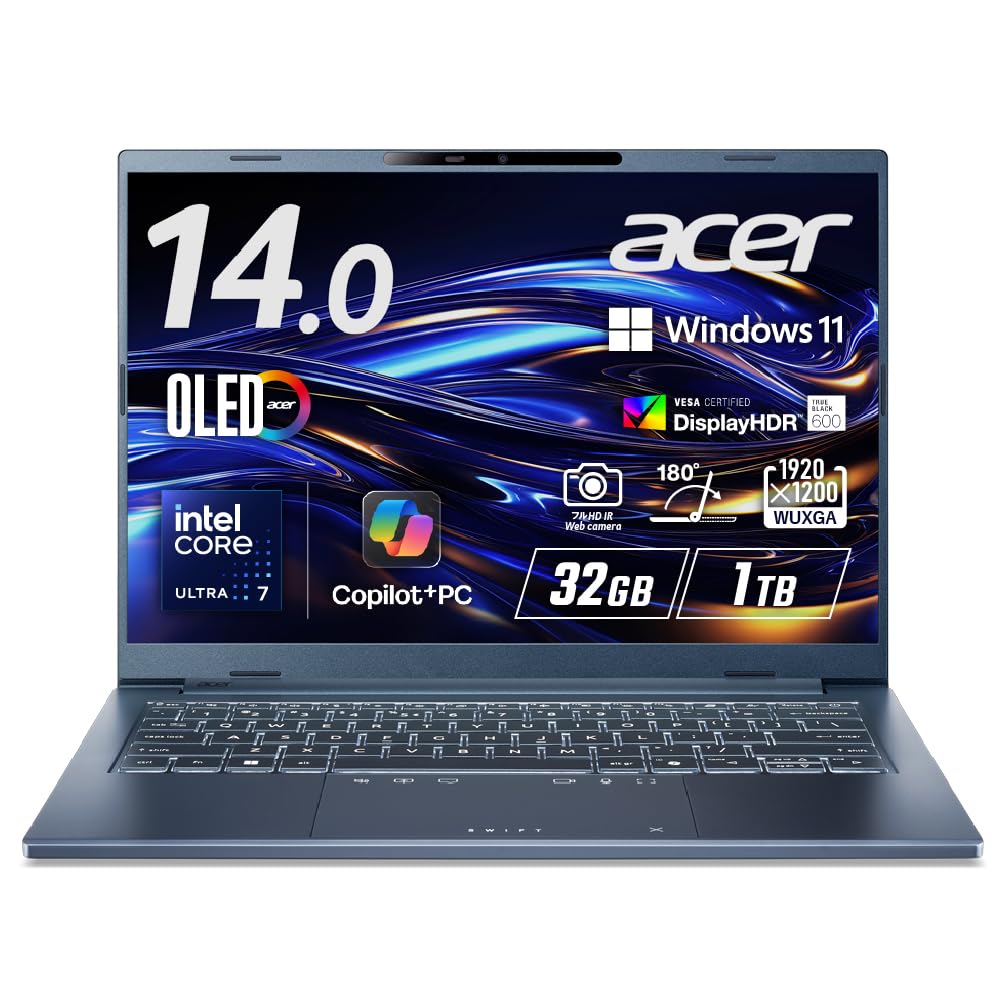 Acer Swift Go 14 AI インテル Core Ultra 7 OLED 光沢 DCI-P3 100% WUXGA 16:10 32GBメモリ