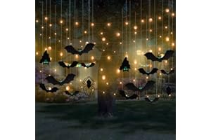 BAMUGOO 16pcs Hanging Bats Halloween Decorations Outdoor Scary Black Bats with Glowing Eyes Halloween Decor, Spiders Halloween Decorations, Hanging Halloween Decorations for Yard, Wall, Tree and Lawn
