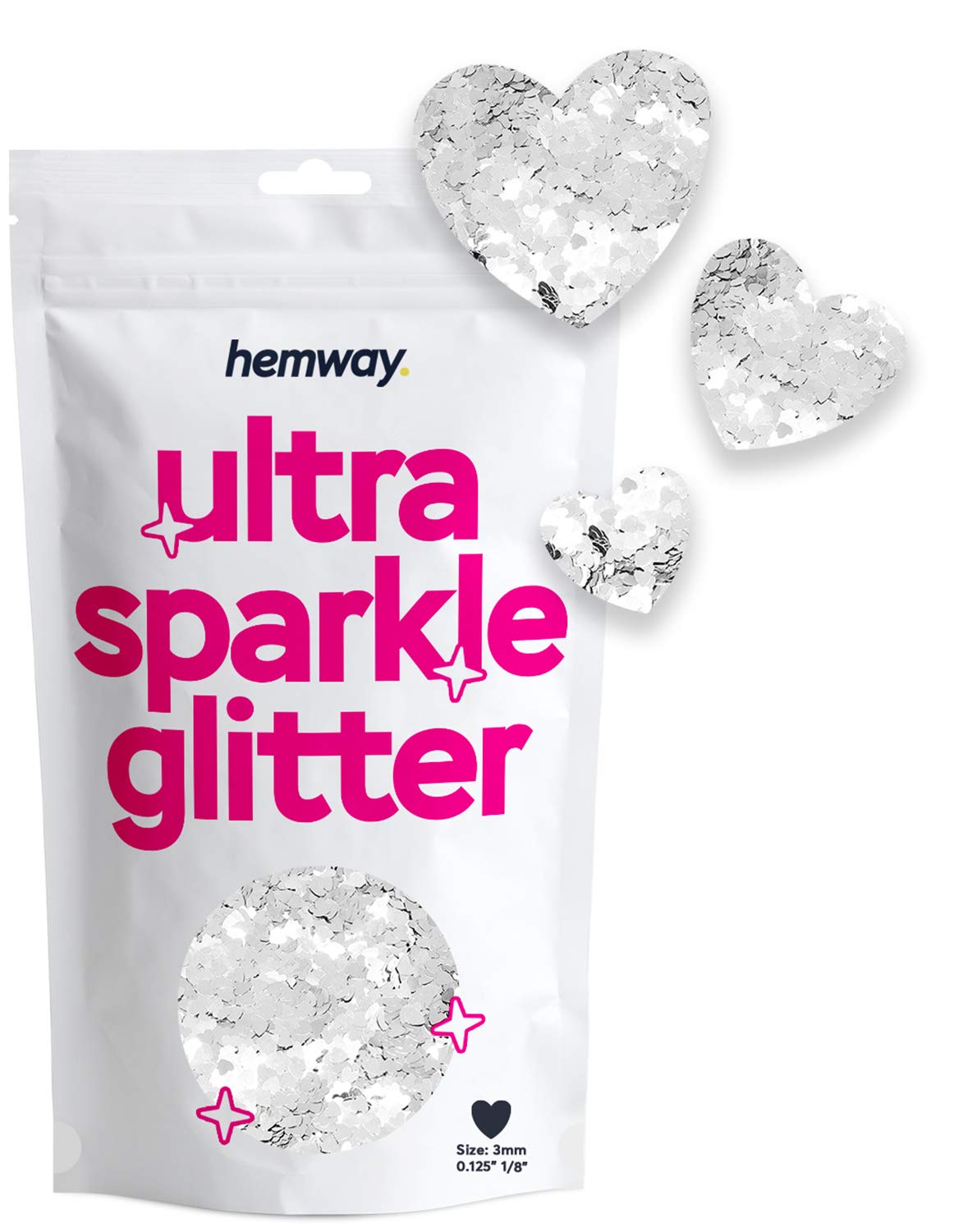 Hemway Ultra Sparkle Glitter Heart Shape, 50g, Silver | Shaped Glitter for Arts & Crafts, Nail Art, Crafting, Card Making, Sparkle Decoration