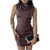 SOLY HUX Women's Mock Neck Leather Dress Sleeveless Ruched Party Club Bodycon Mini Dresses