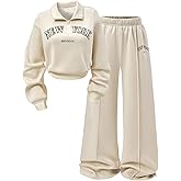 Verdusa Women's 2 Piece Sweatsuits Letter Quarter Zip Collared Sweatshirts with Baggy Pants Comfy Sets