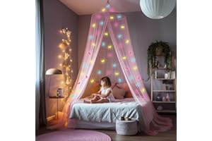 UB-STORE Pink Canopy for Girls Bed with Pre-Glued Glow in The Dark Unicorns - Princess Mosquito Net Room Decor - Kids & Baby Bedroom Tent with Galaxy Lights - 1 Opening Canopy Bed & Hanging Kit Included