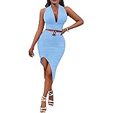 Women 2 Piece Outfits Dress Sexy Halter V Neck Crop Top and Bodycon Irregular Skirt Set Club Outwear Night Out Dresses
