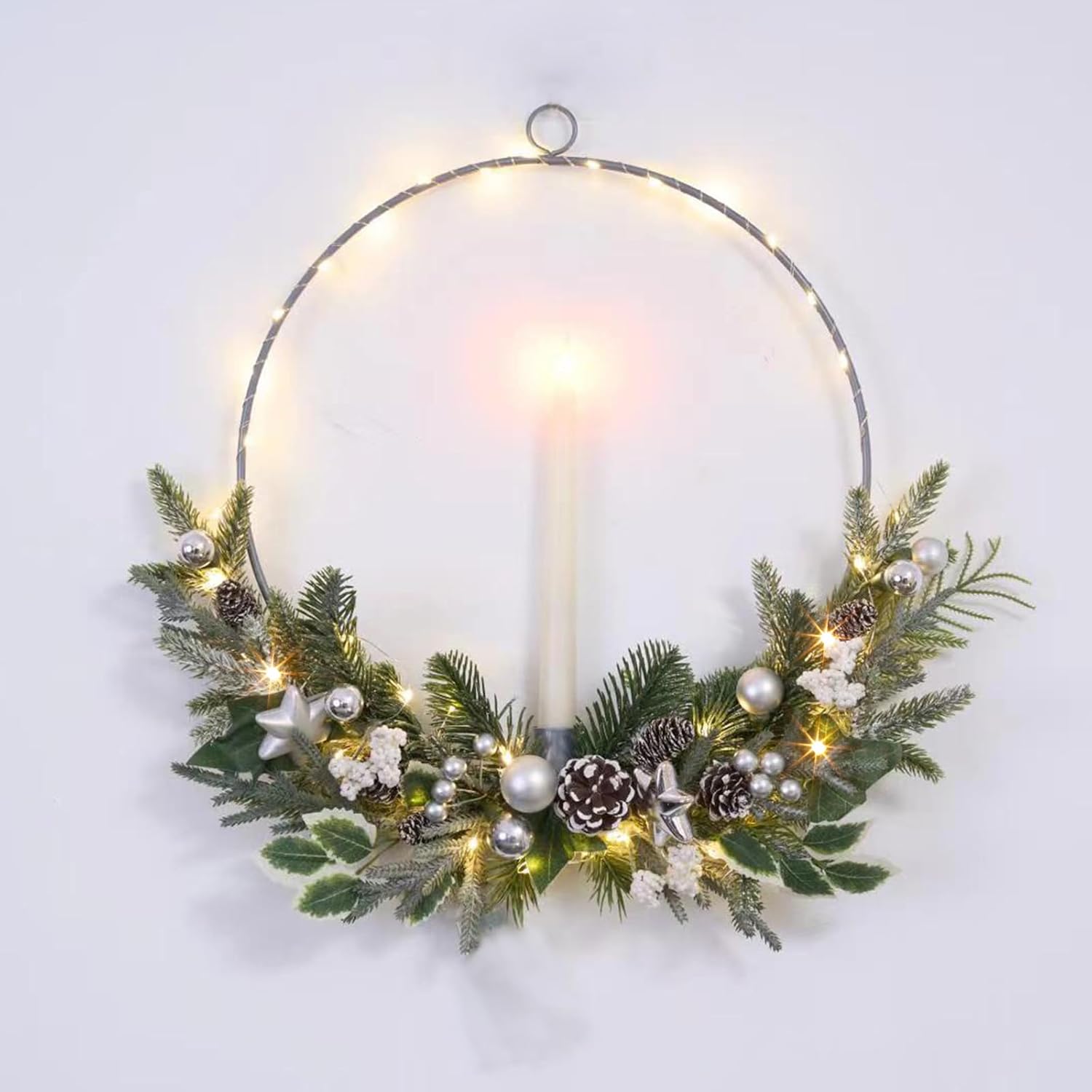 Wreaths, Garlands & Swags - Christmas Silver Lighted Wreath,prelit Christmas Hoop Wreath, Modern Decor,Farmhouse Winter Wreath, 16inch Christmas Wreath for Front Door Outside with flameless Candle,Front Porch Decoration