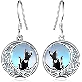 SVODEA Black Cat Earrings 925 Sterling Silver Moonstone Cat Dangle Earrings Cute Animals Jewelry Gifts for Women