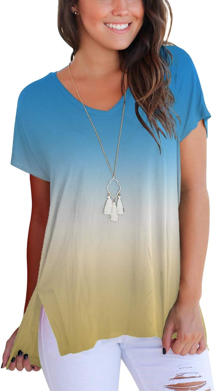 Women's Short Sleeve High Low Loose T Shirt Basic Tee Tops with Side Split