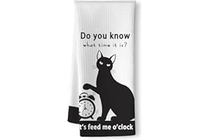 IZNOMO Cat Kitchen Towels - Funny Feeding Time Quick-Dry Implied Message Art Hand Towel, Decorative Dish Towel with Whimsical 'Meal O'Clock' Motif for Feline Ladies & Pet Parents | Crazy Cat Lady Gifts