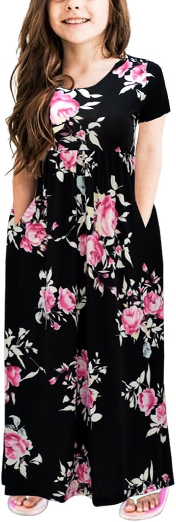 GORLYA Girl's Short Sleeve Floral Print Loose Casual Long Maxi Dress with Pockets 4-12 Years