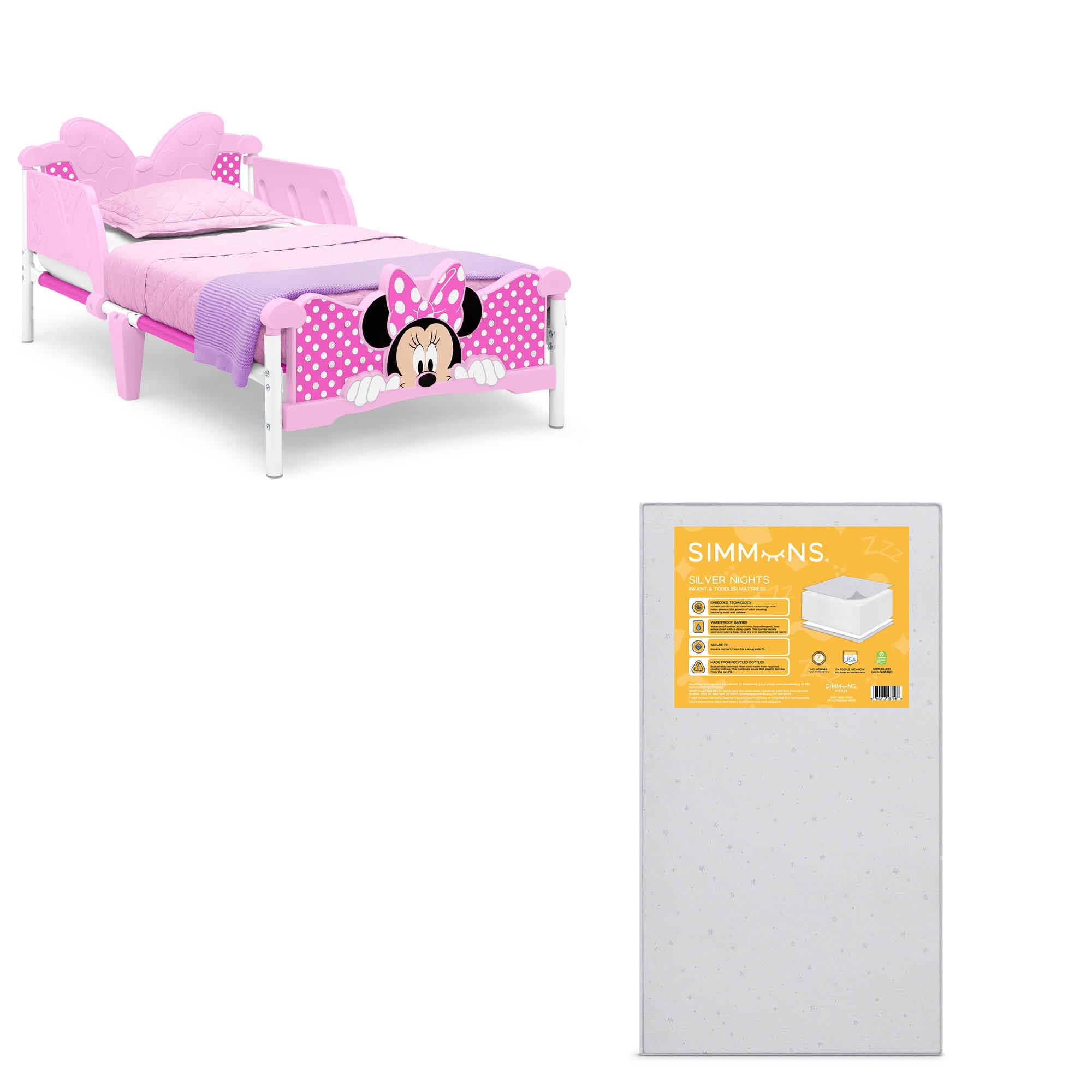 Delta Children - Minnie Mouse 3D Toddler Bed, Pink + Simmons Kids Silver Nights Dual Sided 2-Stage Baby Crib Mattress (Bundle) Image