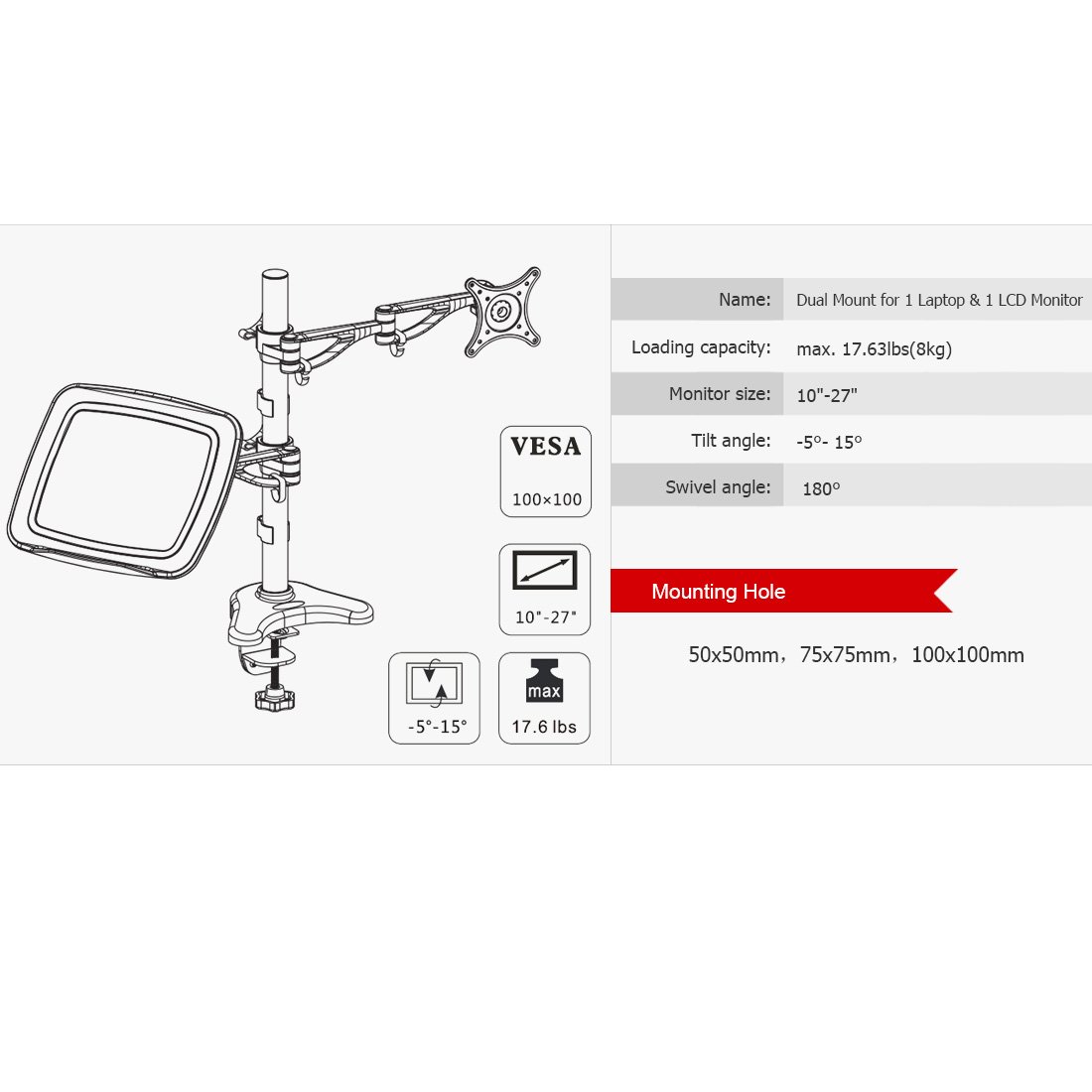 fleximounts Dual brazo de LCD Arm Desk Mount Soporte de Monitor Mounts para 10"-27" Samsung/Dell/Asus/Acer/HP/AOC LCD Monitor de computadora, con pinza o arandela estacin de trabajo de sobremesa Apoyo