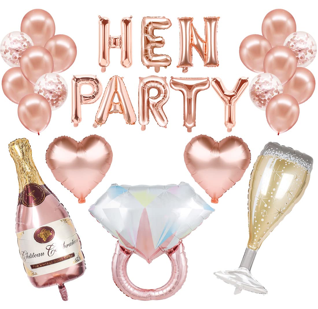 Yueshop Rose Gold Hen Party Decoration Balloons, 1 pc Hen Party Letter Balloons, 14 pcs Latex Balloons, 5 pcs Different Shape Foil Balloons, 10M Rose Gold Ribbon for Bridal Shower Decoration