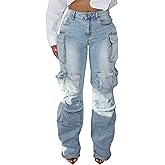 Unybwonn Women Rhinestone Cargo Jeans High Waisted Baggy Sexy Sparkly Cut Out Ripped Distressed Stretchy Denim Pants