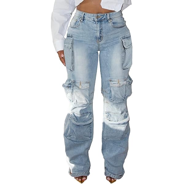 DINGANG Women's High Waisted Cargo Jeans Rhinestones Bling