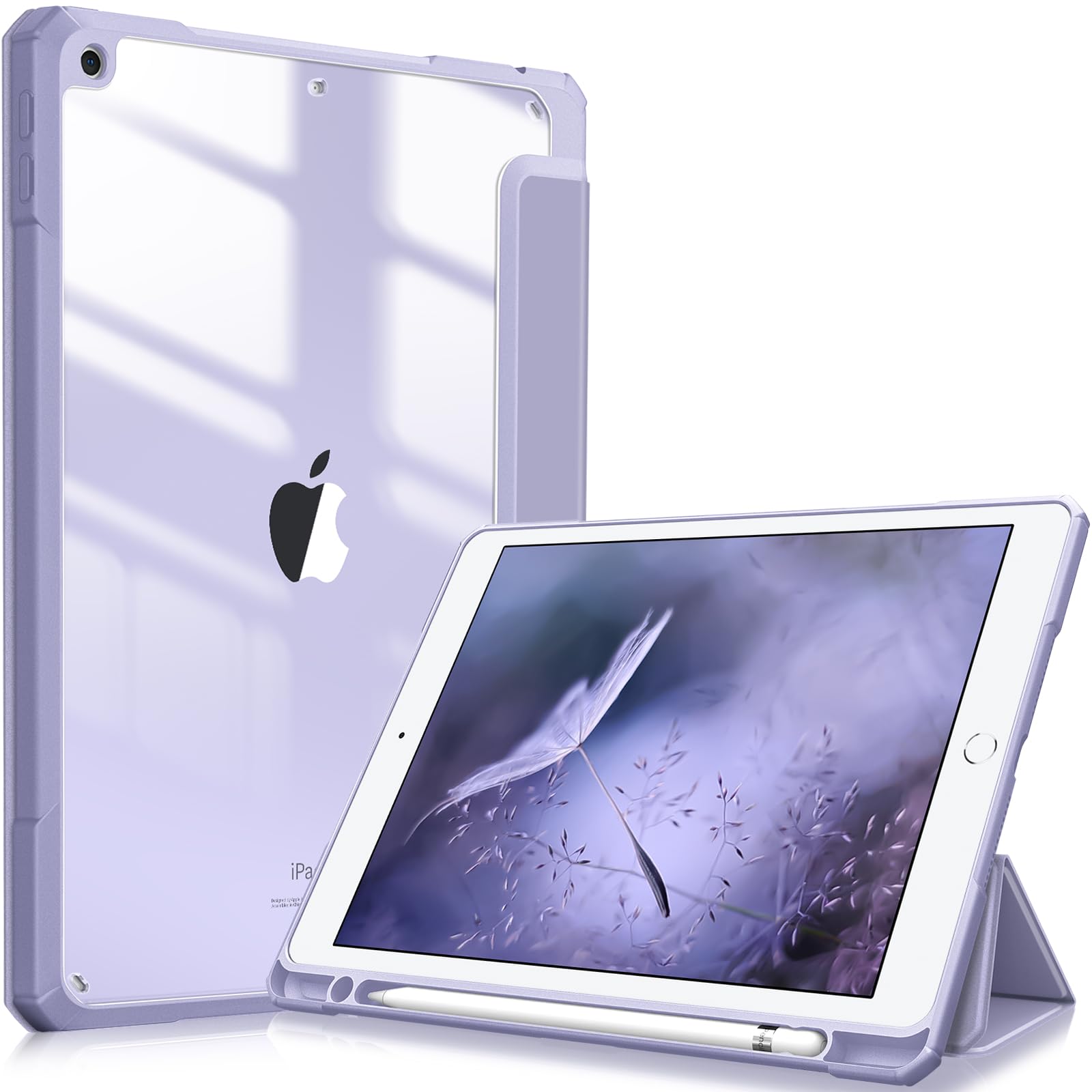FINTIE Hybrid Case Compatible with iPad 9th / 8th / 7th Generation (2021/2020/2019) 10.2 inch - Shockproof Cover with Clear Back Shell w/Pencil Holder, Auto Wake/Sleep, Lilac Purple