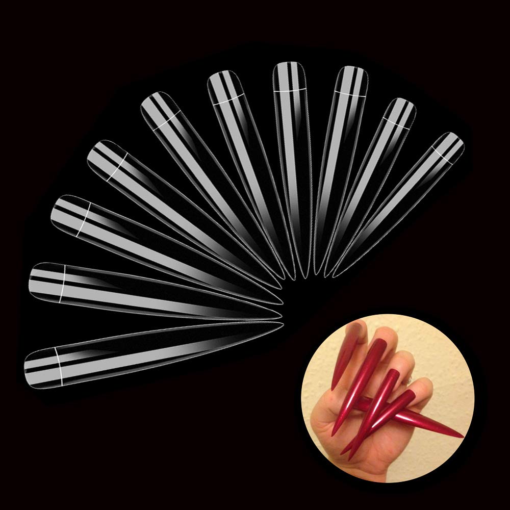 AORAEM Stiletto False Nail Clear Extra Long Sharp Nail Art Tips 12 Sizes 120 Pcs Acrylic Fake Nail (Clear Long Nail): Beauty